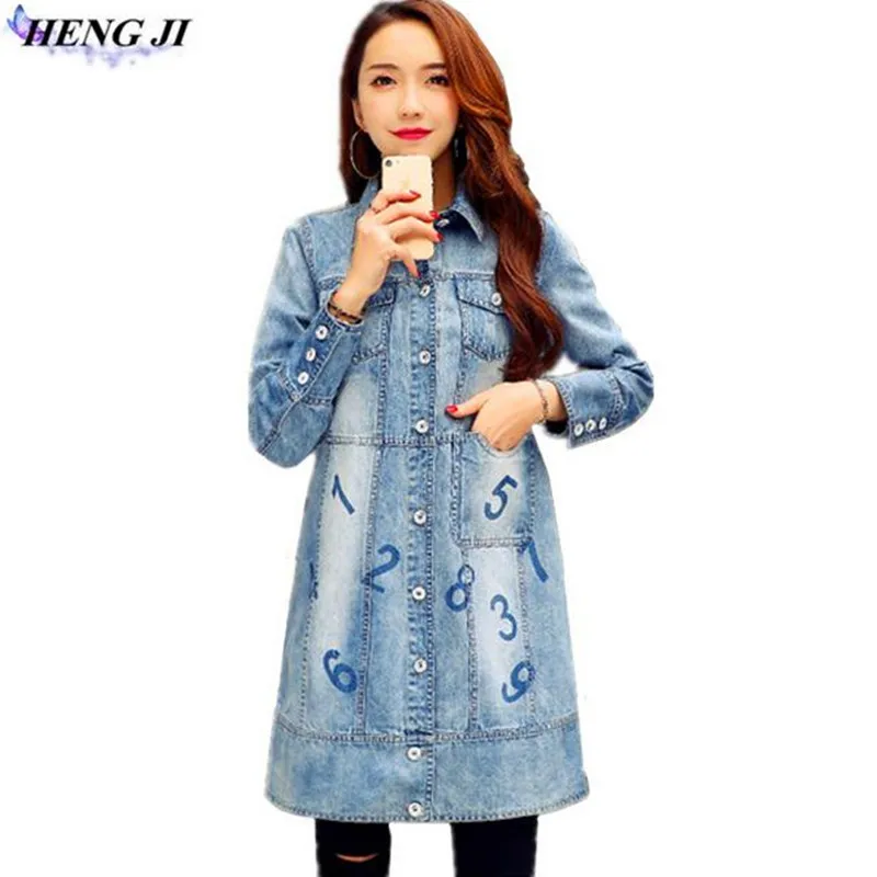 Хэн Джи 2017 новые джинсы пальто средней длины длинные рукава кнопку один ряд