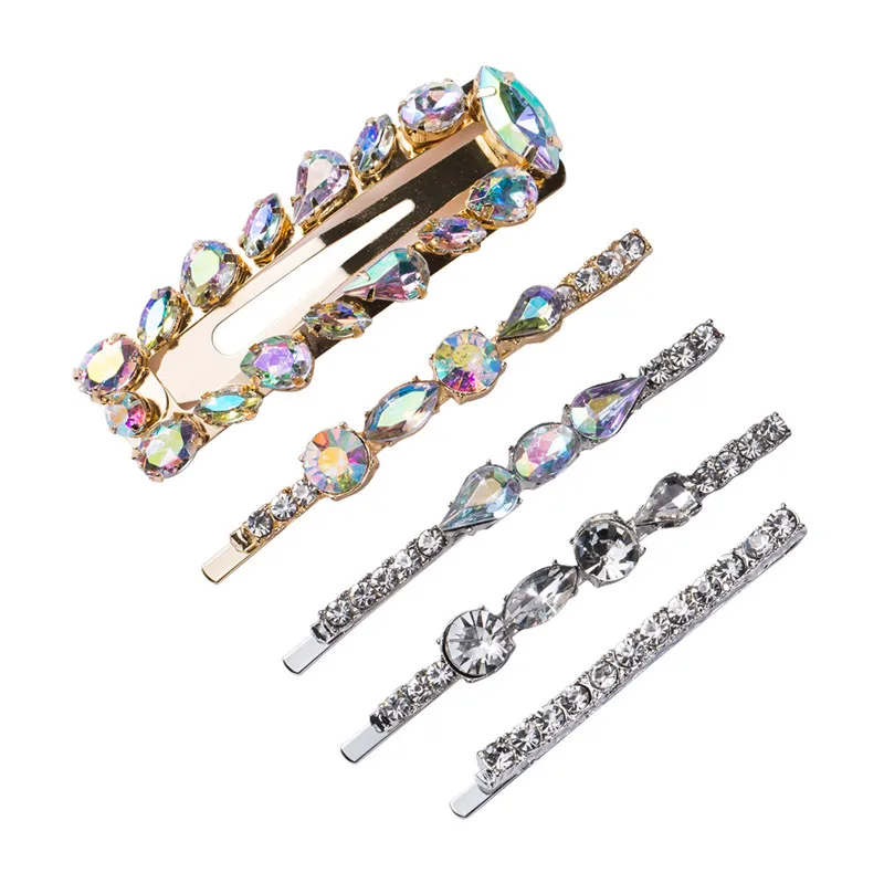

5PCS Luxury Cool Color Crystal Rhinestone Hairpins Women Metal Geometric Round Rectangle Set Hair Clips Hair Jewelry Accessories