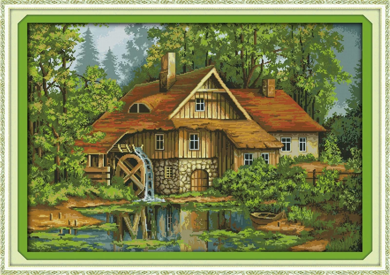 

Cabin with water truck cross stitch kits scenery 14ct white 11ct print embroidery DIY handmade needlework wall home decor
