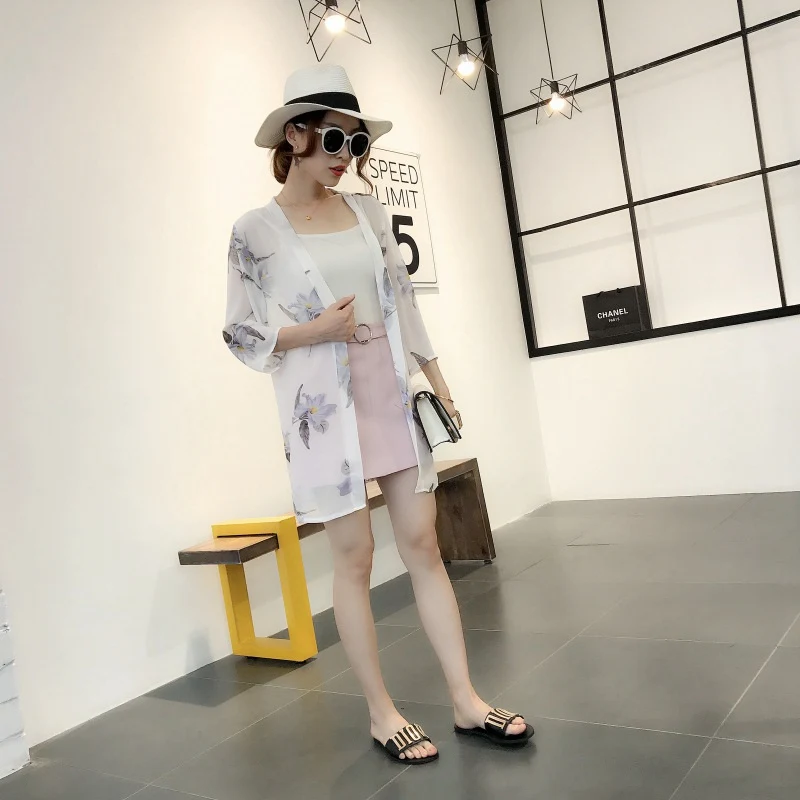 Модная женская рубашка с длинным рукавом Blusas куртка длинная свободная повседневная Sunblock укороченный шифоновый кардиган с принтом кимоно