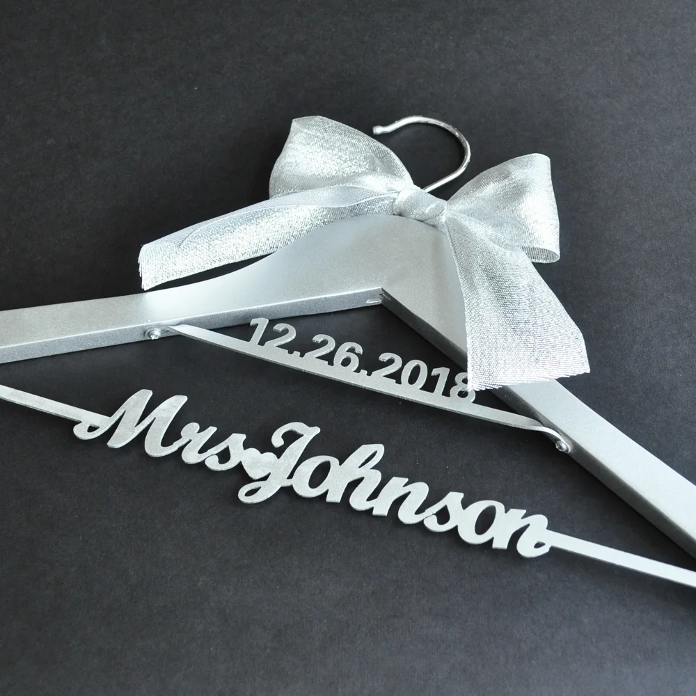 Silver Wedding Hanger Bridal Dress Mrs Name Hanger, Personalized Bride Bridesmaid Hanger with Date, 