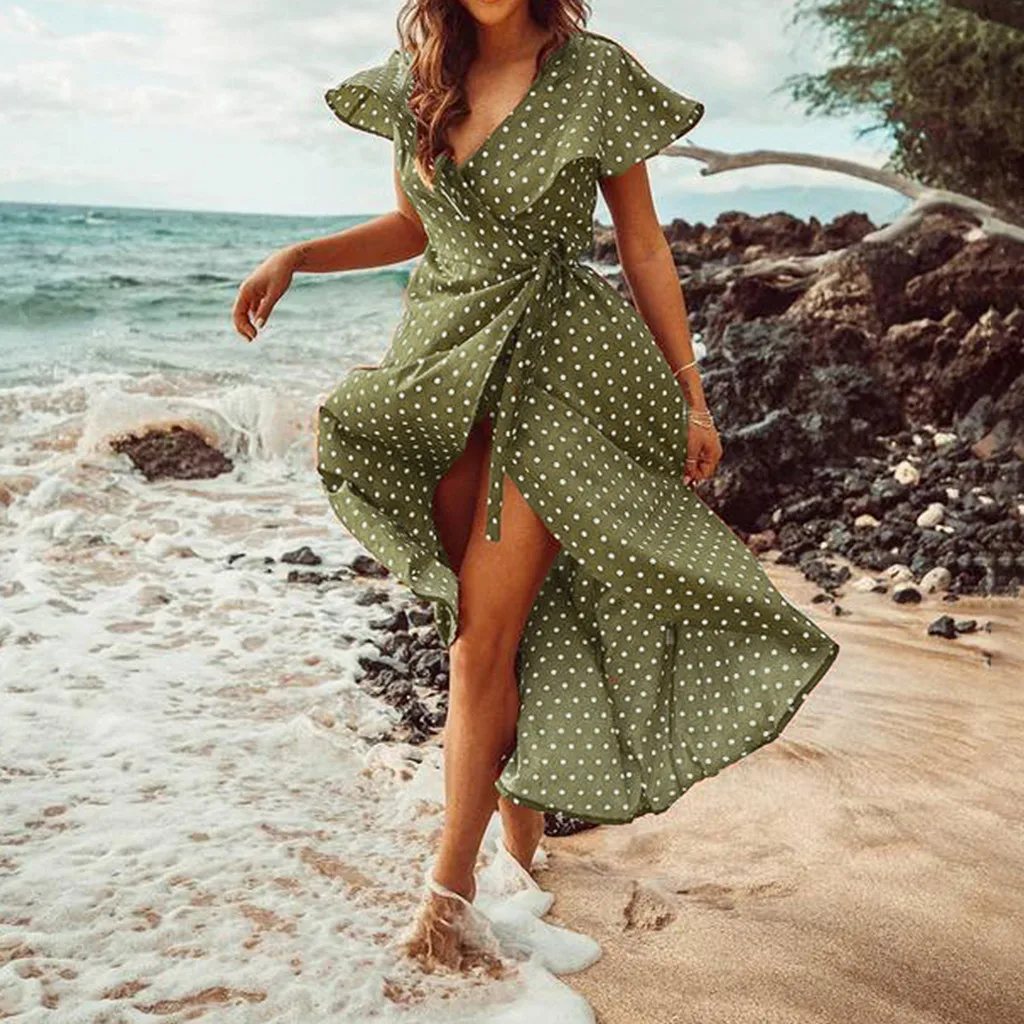 Женское шифоновое платье летнее пляжное 2020 сексуальное богемное в горошек с v