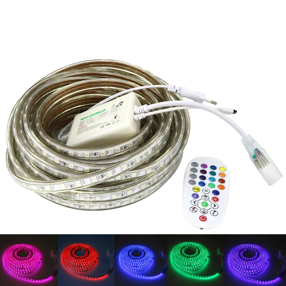 AC 220 В Светодиодная лента светильник 5050 RGB Водонепроницаемый IP67 rgb светильник s 60 Светодиодный s/m 5050SMD с музыкальным контроллером ЕС штекер светодиодный светильник ing