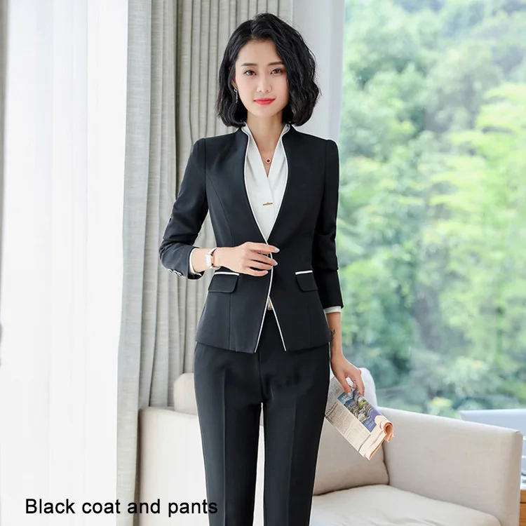 Black coat and pants Новая мода Бизнес интервью женские брючные костюмы плюс размер рабочая одежда офисные женские с длинным рукавом Тонкий Блейзер и брюки комплект - Цвет: Black coat and pants