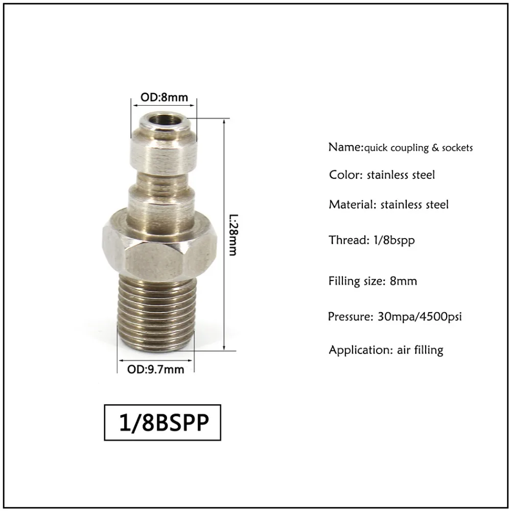 PCP Airforce высокое Давление Пейнтбол 1/8 BSPP M10x1 1/8NPT 8 мм штекер Нержавеющая сталь