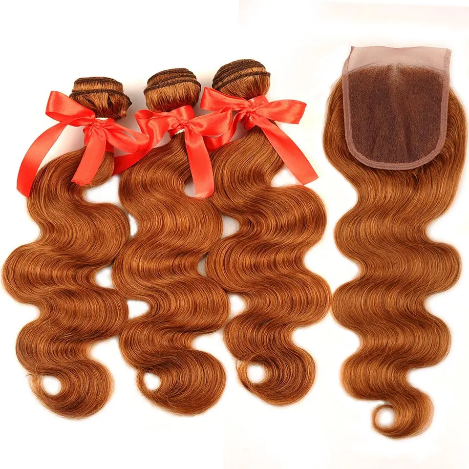 #30 Pinshair перуанские волосы 3 пучка с закрытием медовый блонд#27 цветные человеческие волосы волнистые пучки с закрытием не линяют не Реми - Цвет: #30