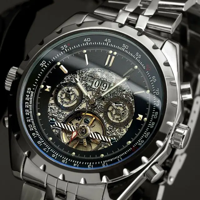 Jargar cadran нуар 6 сетевой Дата jour tourbillon нержавеющая сталь analogique acier pleine robe de poignet de браслет АКПП homme
