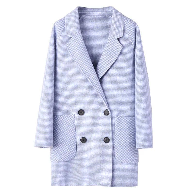 

Spring 2019 New Double-sided Cashmere Overcoat Women's Short Suit Collar Small Thousand Checker Slim Wool Overcoat