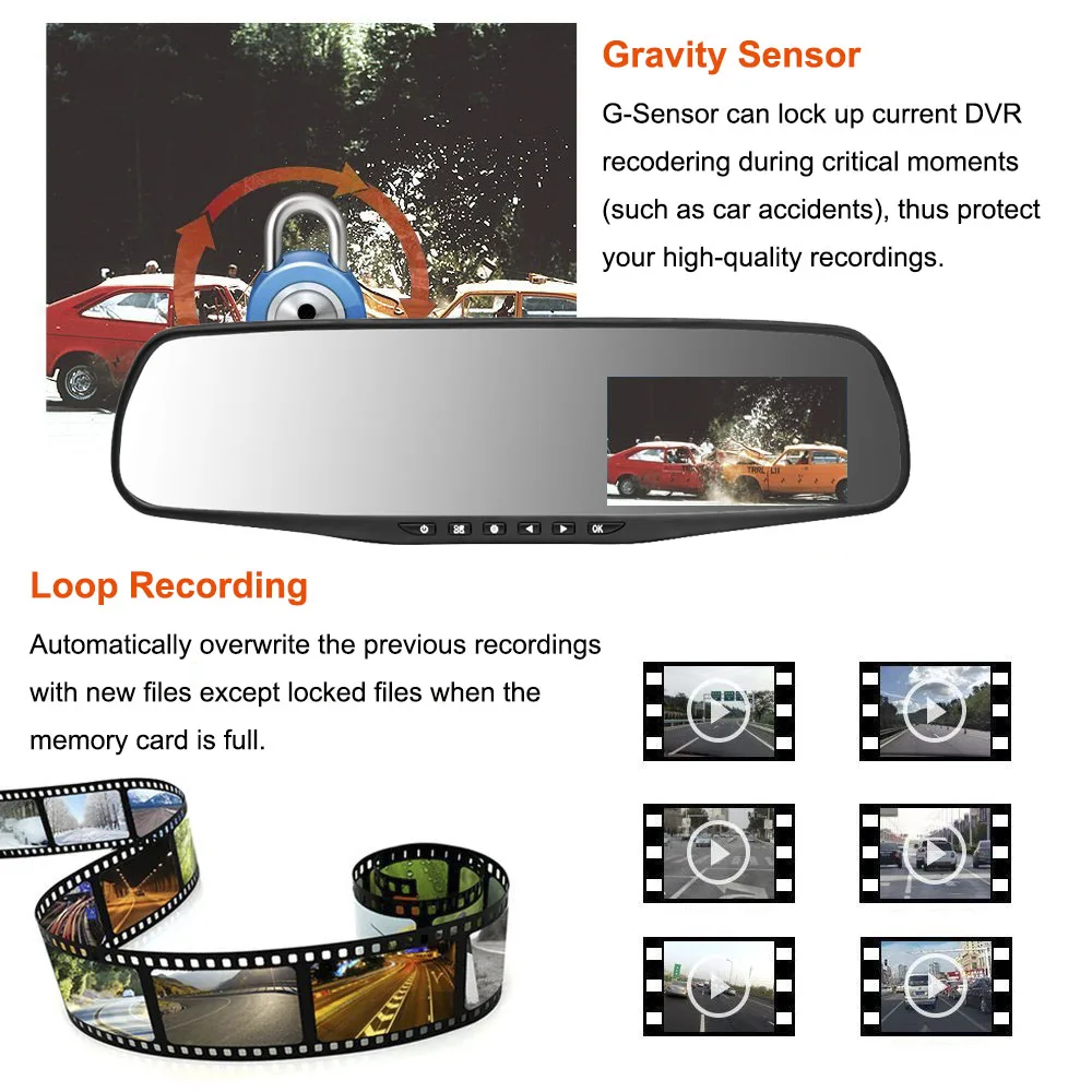 HGDO 4 3 ''FHD 1080P двойной объектив Автомобильный видеорегистратор Белое Зеркало
