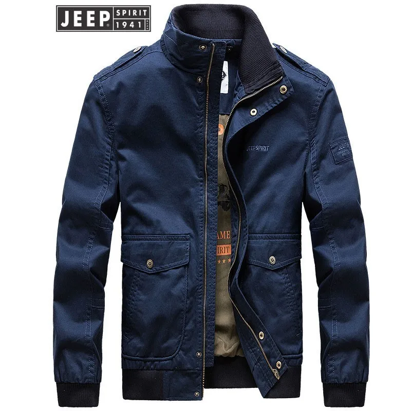 JEEP SPIRIT Новая Осенняя Рабочая куртка, пальто, мужская хлопковая одежда со стоячим воротником, деловые куртки с длинными рукавами в стиле милитари - Цвет: blue JEEP SPIRIT
