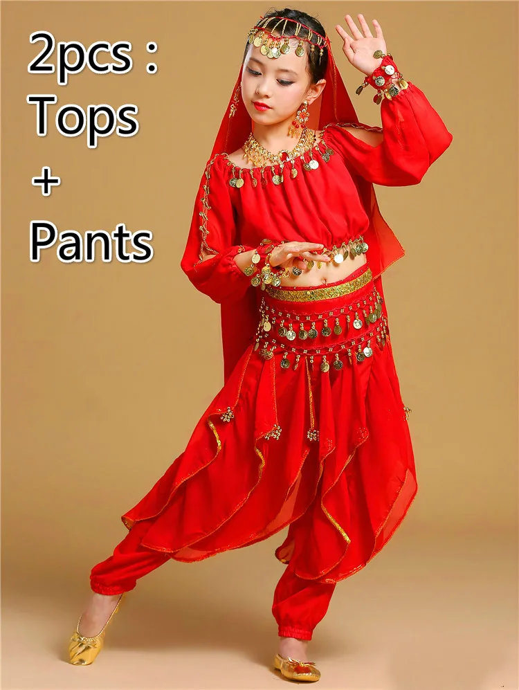 2pcs red Новая детская одежда для индийских танцев платье для выступлений танец живота Национальный Болливуд танцевальные костюмы для девочек Одежда для танца живота комплект одежды - Цвет: 2pcs red