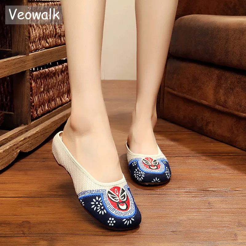 Veowalk женские льняные хлопковые шлепанцы с вышивкой закрытым носком летние