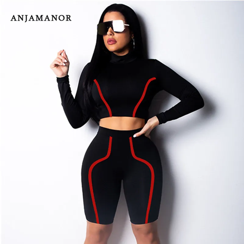 ANJAMANOR/пикантные женские комплекты из двух предметов, весенние костюмы для женщин, спортивный костюм, укороченный топ и байкерские шорты, Клубная одежда из 2 предметов, D53-AA52