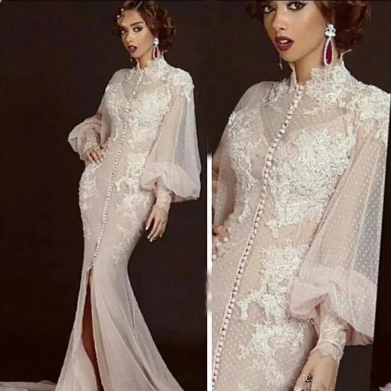 

Arabic Moroccan Mermaid Evening Dresses 2023 Party Elegant for Celebrity Long Sleeves Dubai Caftans High Neck Split Prom Gowns