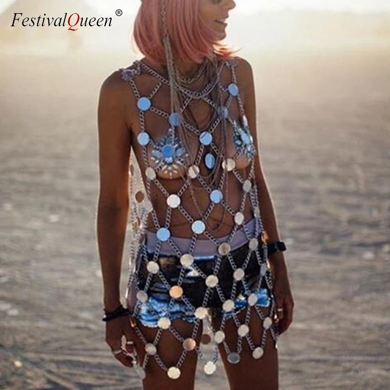 FestivalQueen женское акриловое пляжное мини-платье с пайетками летнее Открытое платье с металлической цепочкой ручной работы в стиле пэчворк для ночного клуба