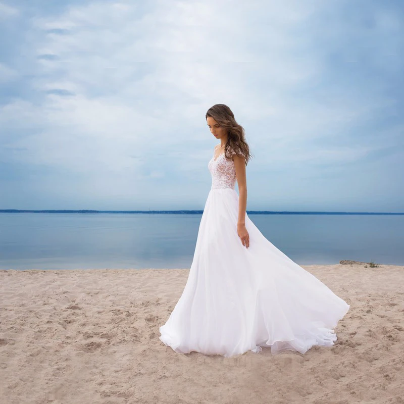 Женское свадебное платье в стиле бохо шифоновое невесты с глубоким вырезом и