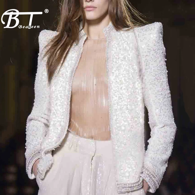 Beateen Fashhion Formal Beading Sequins Embroidery Short Tops Turn-down Collar Long Sleeve Coat | Женская одежда