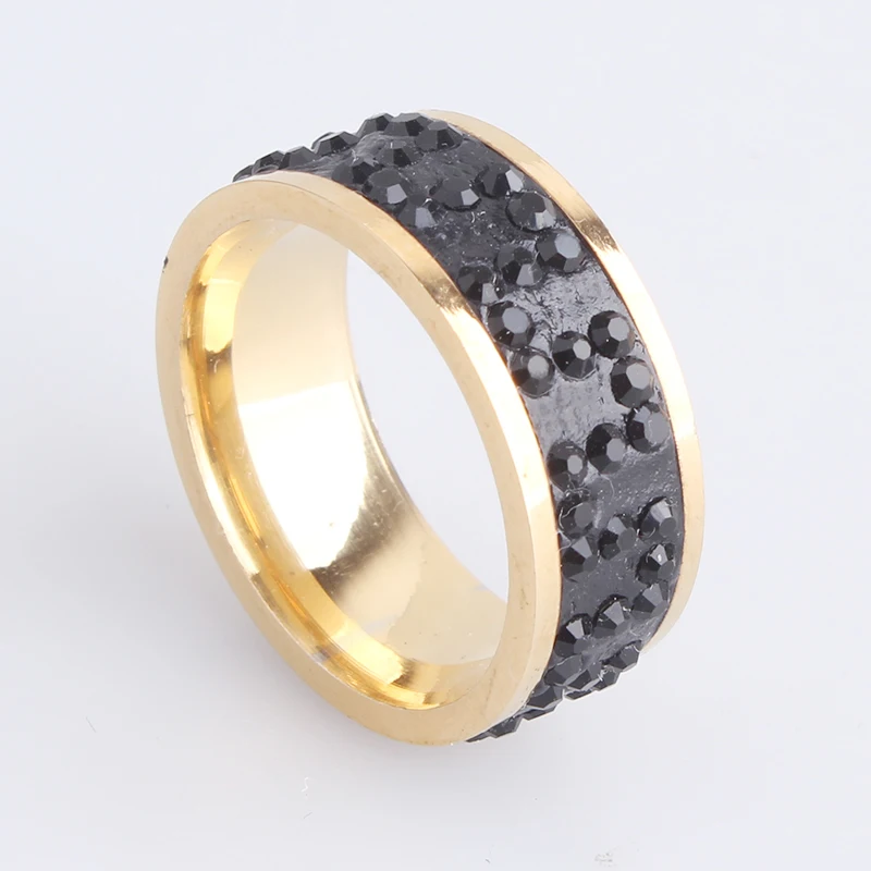 free shipping 8mm gold color Great Wall black crystal 316L Stainless Steel finger rings for men women wholesale | Украшения и
