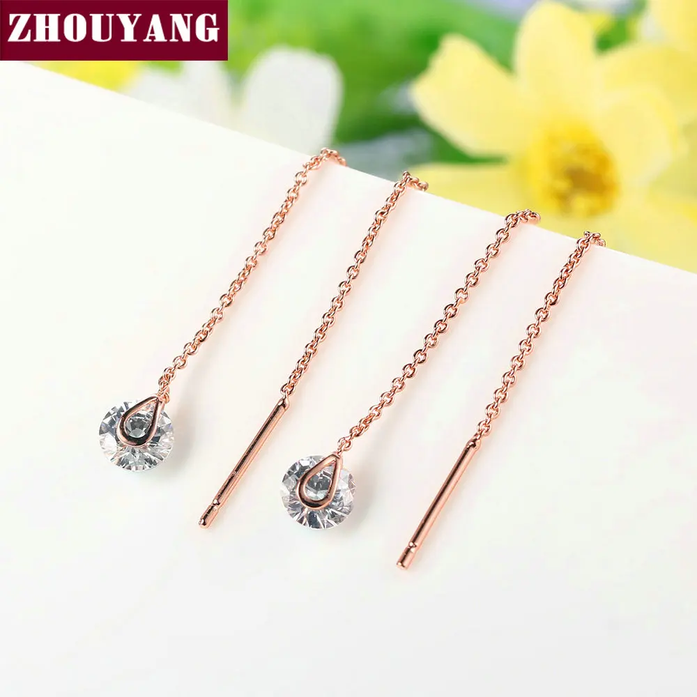 ZHOUYANG серьги-цепочки для женщин, 6 мм, кубический цирконий, длина 11 см, сережки, розовое золото, модное ювелирное изделие, подарок ZYE549 ZYE100