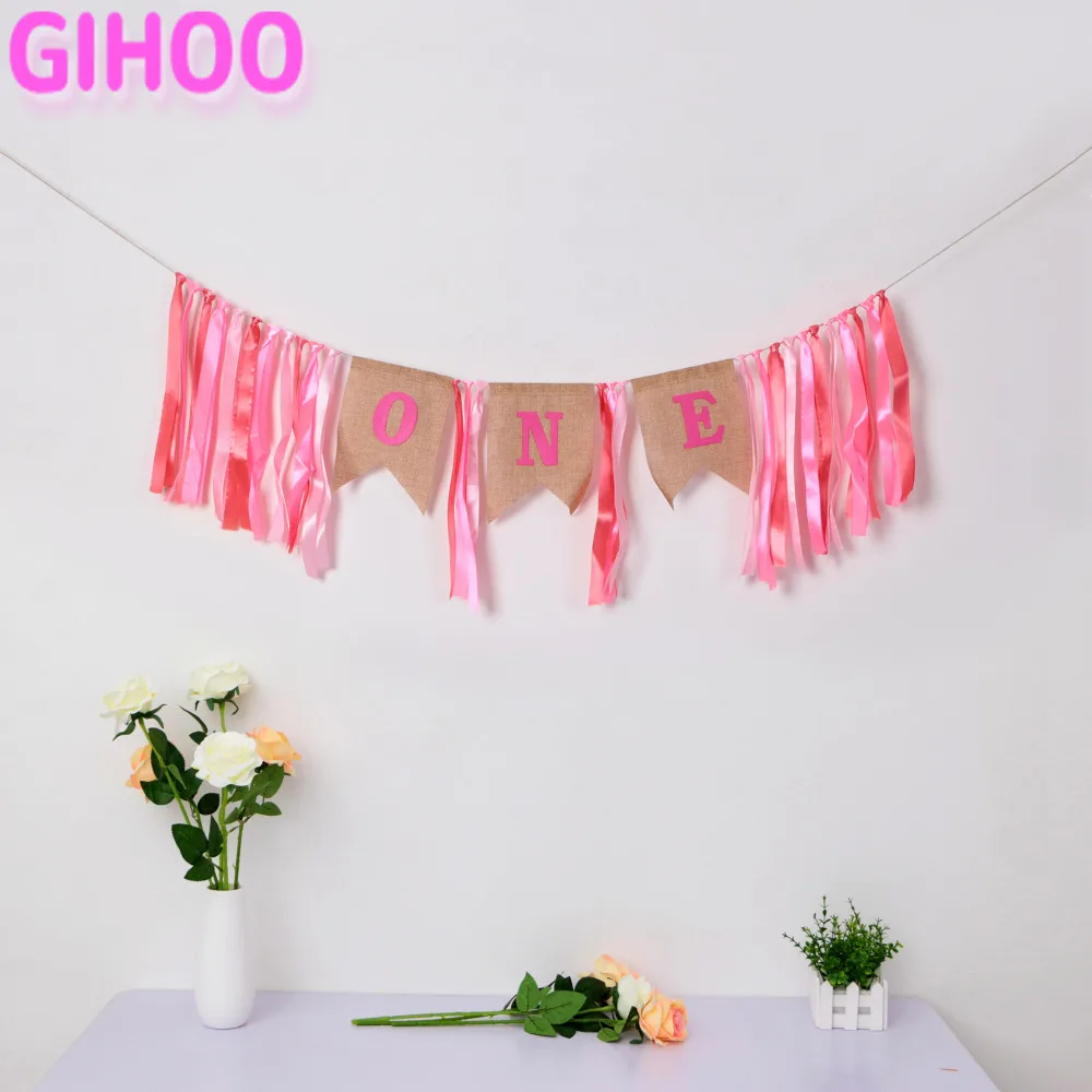 

Baby Girl Boy Pink ONE Year Old Birthday Party Banner Cloth 1st Garland Bunting Baby Shower Decorations Nursery Hanging Banners