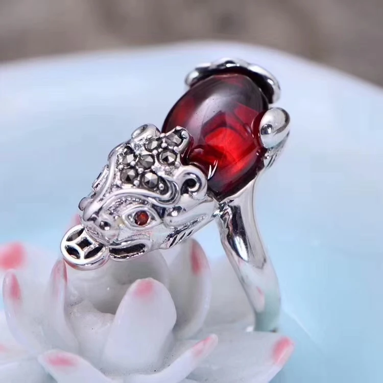 Классический S925 Серебряный и красный гранат Bless Pixiu женское счастливое регулируемое кольцо подарок США 6-10 элегантное Модное Новое кольцо