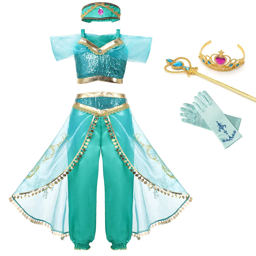 Jasmine Dress Set1 Девушки Аладдин лампа платье цвета Жасмин up костюмы Дети Хэллоуин танец живота платья арабский индийский принцесса косплей костюм - Цвет: Jasmine Dress Set1