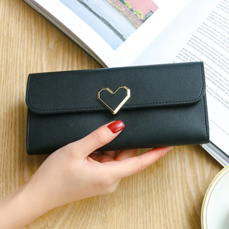 Черный Милый кошелек кожа украшение в форме сердца держатель для карт Длинный барсетка с несколькими картами с пряжкой мобильный телефон клатч сумка студенческий кошелек женский Портмоне - Цвет: Черный