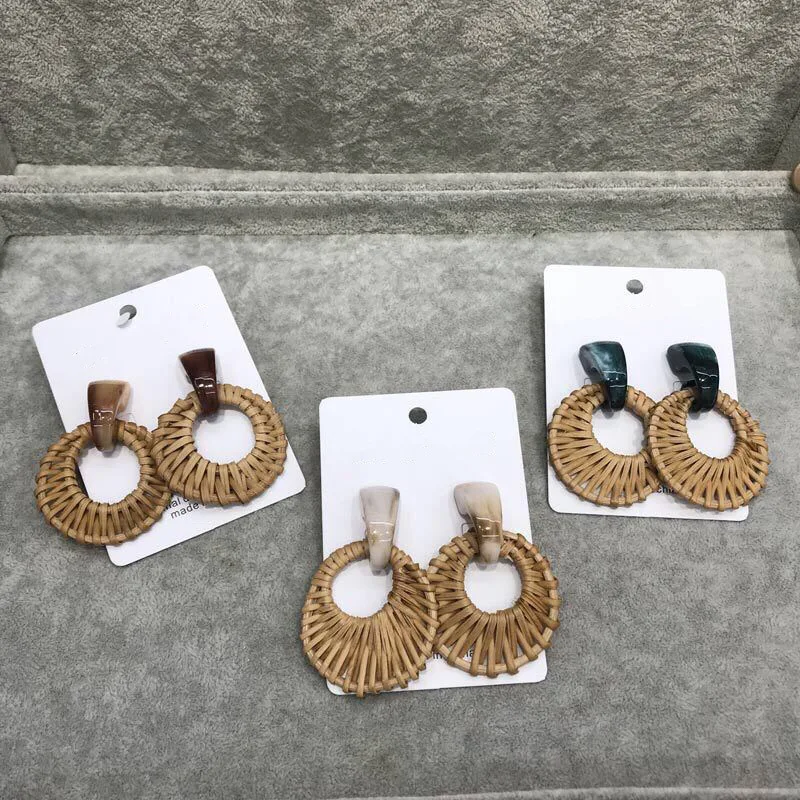 Популярные модные корейские бамбуковые деревянные плетеные серьги из ротанга