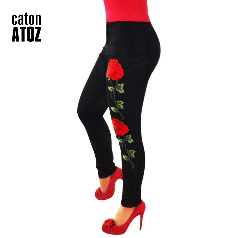 CatonATOZ 2102 для женщин с высокой талией Maillot De Bain Femme черные джинсы цветочной вышивкой