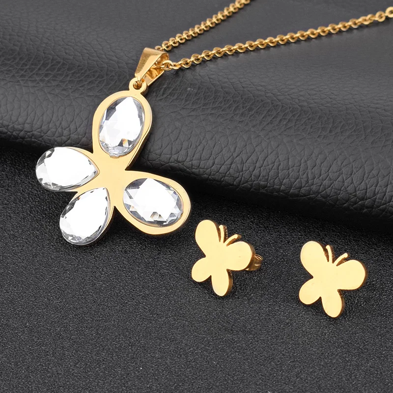SOITIS Gold Color Stainless Steel 316L Butterfly Earrings Zircon Stone Pendant Necklace Sets 2019 Women Trendy Bridal Jewelry | Украшения и
