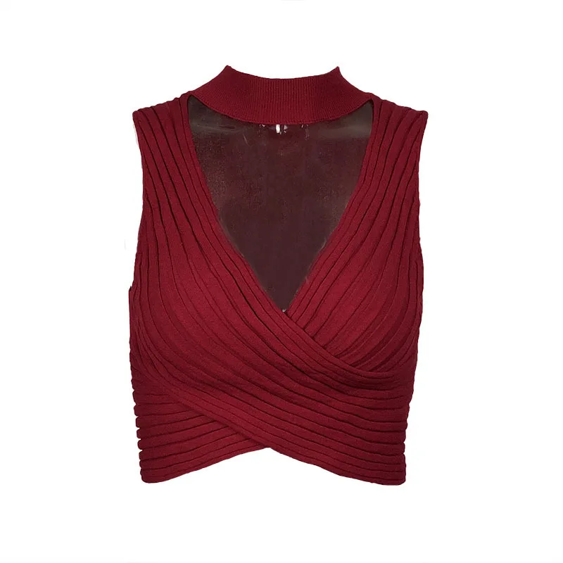 burgundy ZHYMIHRET Summer V Neck Halter Ribbed Tank Tops Women Knitted Wrap Ruched Festival Sexy Neon Crop Tops Female Haut Femme - Цвет: burgundy
