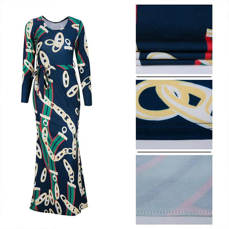 Женское платье с круглым вырезом длинным рукавом и поясом|Женские платья| |