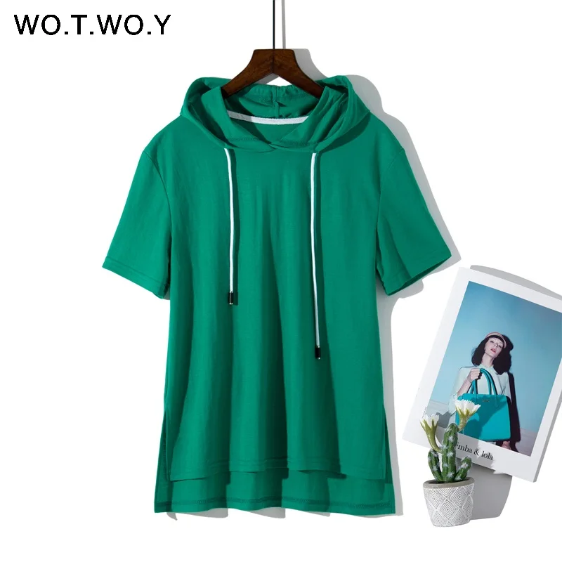 8218Green WOTWOY 9 красочных футболок с капюшоном для женщин летние хлопковые базовые повседневные свободные топы с коротким рукавом женские белые толстовки размера плюс - Цвет: 8218Green
