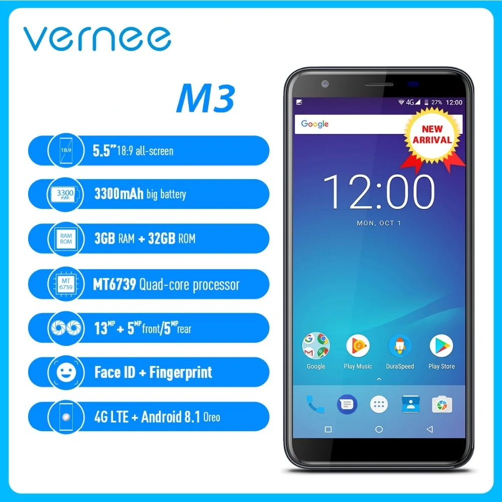 Смартфон Vernee M3 MTK6739 с четырехъядерным процессором Face ID 5 дюйма 3 ГБ 32 мобильный