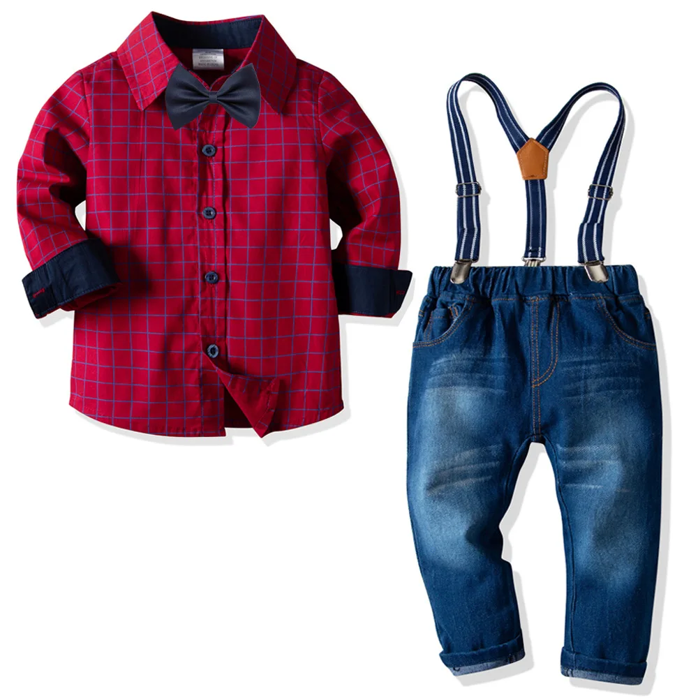 2019 New Baby Boy Clothing Set Gentleman Suits Long Sleeve Red Plaid Shirt with Bow Tie+Suspenders Pants Kids Casual Outfit | Детская