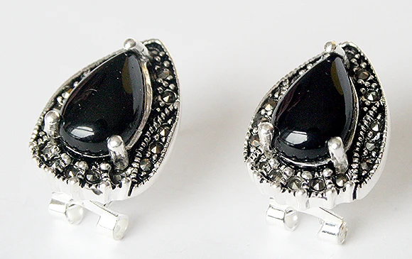 2 choices VINTAGE 925 STERLING SILVER BLACK Natural Stone AND WHITE OPAL MARCASITE EARRINGS 15X19MM | Украшения и аксессуары