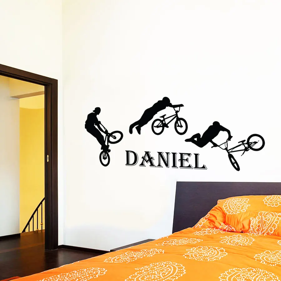 Wall Decal Name Boys Vinyl Sticker Art Home Decor Mural Jump Bike Cyclist BMX Freestyle Jumping Personalized Custom H-6 | Дом и сад