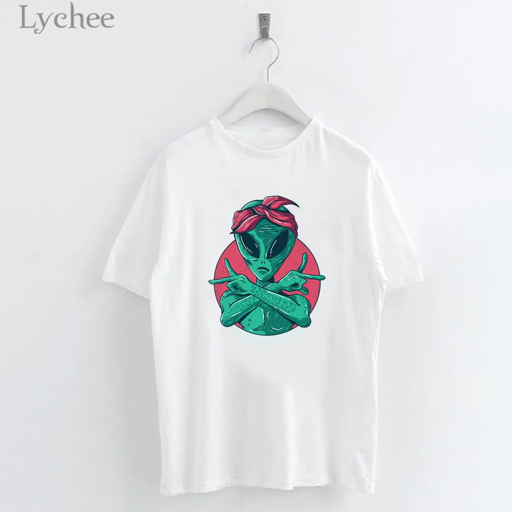 Женские футболки Lychee с рисунком пришелец Харадзюку топы круглым вырезом и