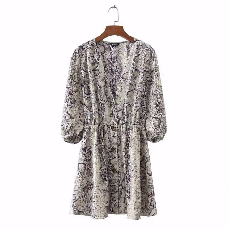 Для женщин сексуальный v-образный вырез Змеиный узор платье эластичный пояс с