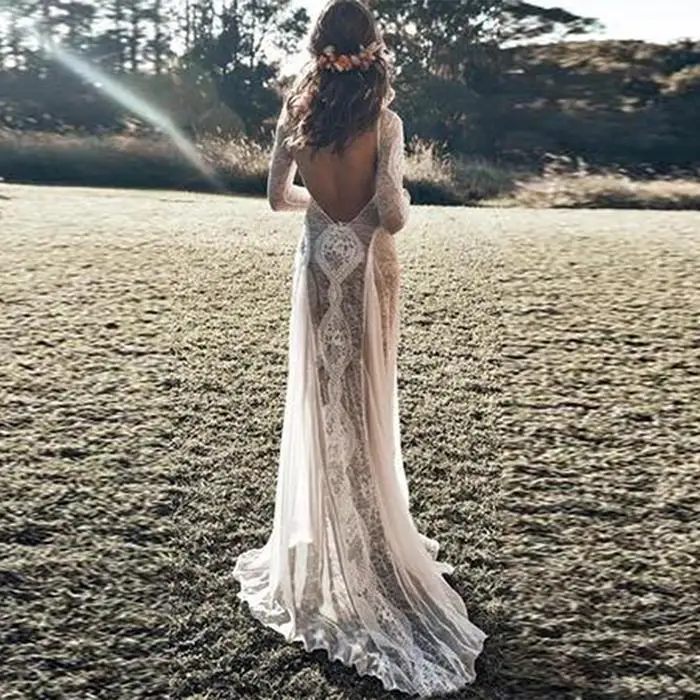 Женское белое кружевное платье, элегантное, Vestidos, сексуальное, с открытой спиной, с круглым вырезом, с длинным рукавом, вечерние, макси платье, летнее, тонкое, с разрезом по бокам, длинное платье