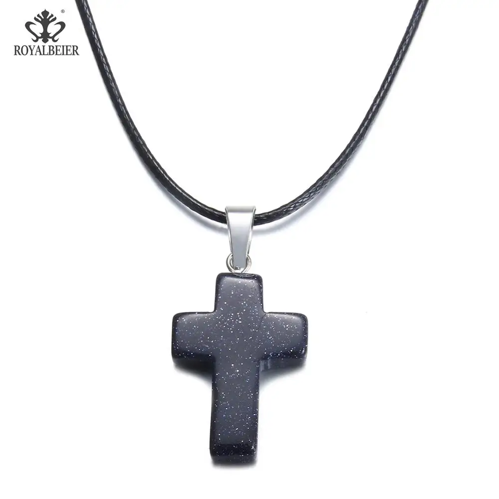 Stone-crossDZ-10c ROYALBEIER кулон из природного кварца камень шестиугольная колонна Подвески ожерелье тигровый глаз кулон кожаные цепочки ожерелье - Окраска металла: Stone-crossDZ-10c