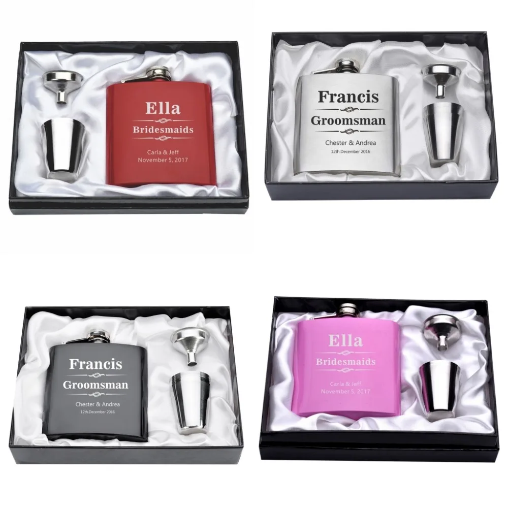 

Set of Personalized Engraved 6oz Hip Flask With Funnel Cups Gift Box Groomsman Groom Stainless Steel Gift Wedding Decor Favor