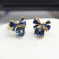 fashion dark blue cubic rhinestone sleek golden bow stud earrings for women trendy piercing jewelry