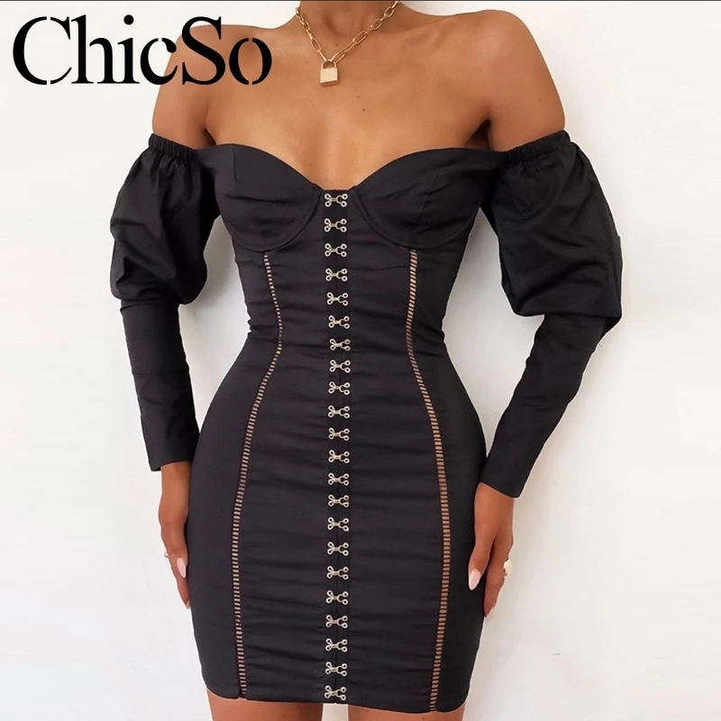 Женское облегающее платье MissyChilli Черное мини с длинным рукавом фонариком на