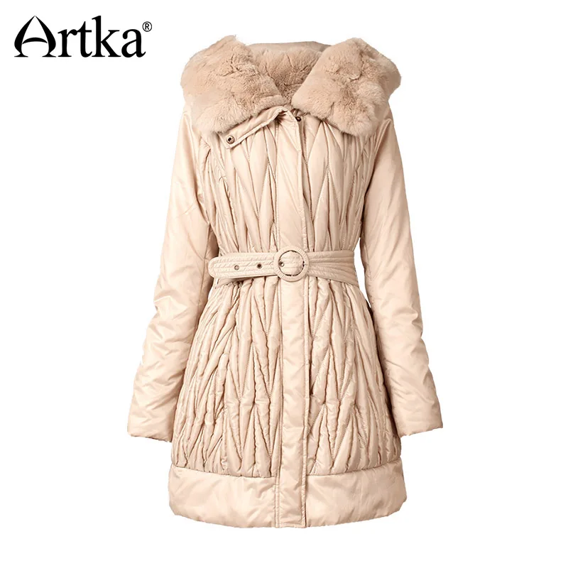 Женская парка с поясом ARTKA плиссированная ветровка капюшоном и меховым