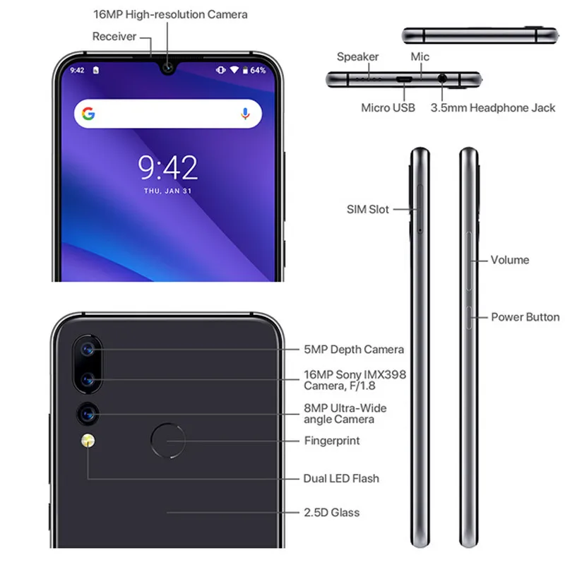 UMIDIGI A5 PRO Мобильный телефон Android 9 0 6 3 &quotFHD + Капля воды 4 ГБ 32 Восьмиядерный 16 МП