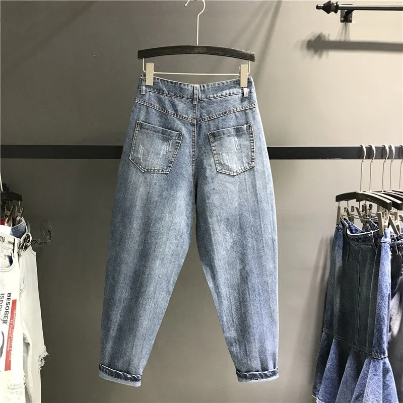 

2019 New Spring Summer Heavy Hot Drill Stripe Jeans Female Loose Nine Points Harem Trousers Tide Students Denim Pants