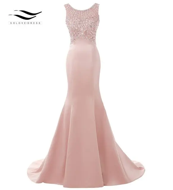 SOLOVEDRESS Элегантный Совок матовый сатин настоящая фотография блестящие бусины Русалка длинное вечернее платье U Назад Формальное золотистое платье SLD-E5005 - Цвет: blush