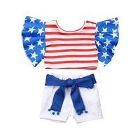 2019 summer toddler kids baby girl striped star ruffle sleeve topbelt white short jeans independence day clothes set