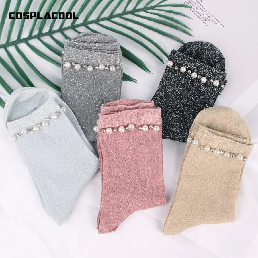 Носки женские винтажные блестящие ручной работы с жемчугом|calcetines mujer|female sockspearl
